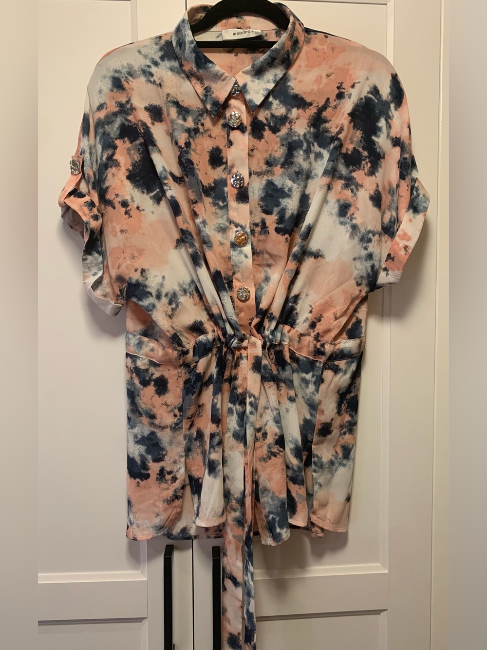 Mandee XL Pink Navy Tie Dye Tie-Waist Button Down Blouse Boho Shacket Top